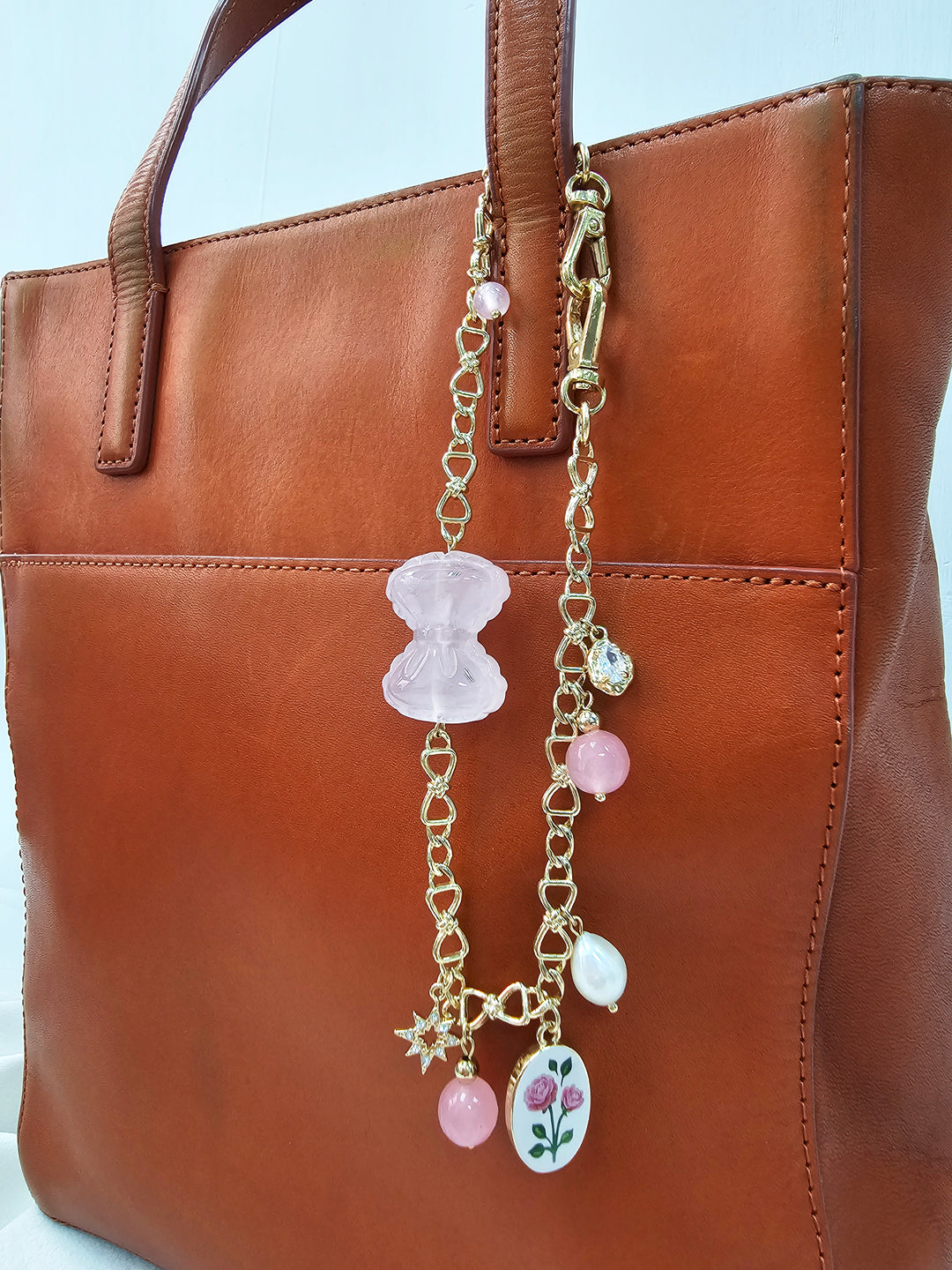 Rose Quartz Bowknot With Rose Chain Bag Charm BC012