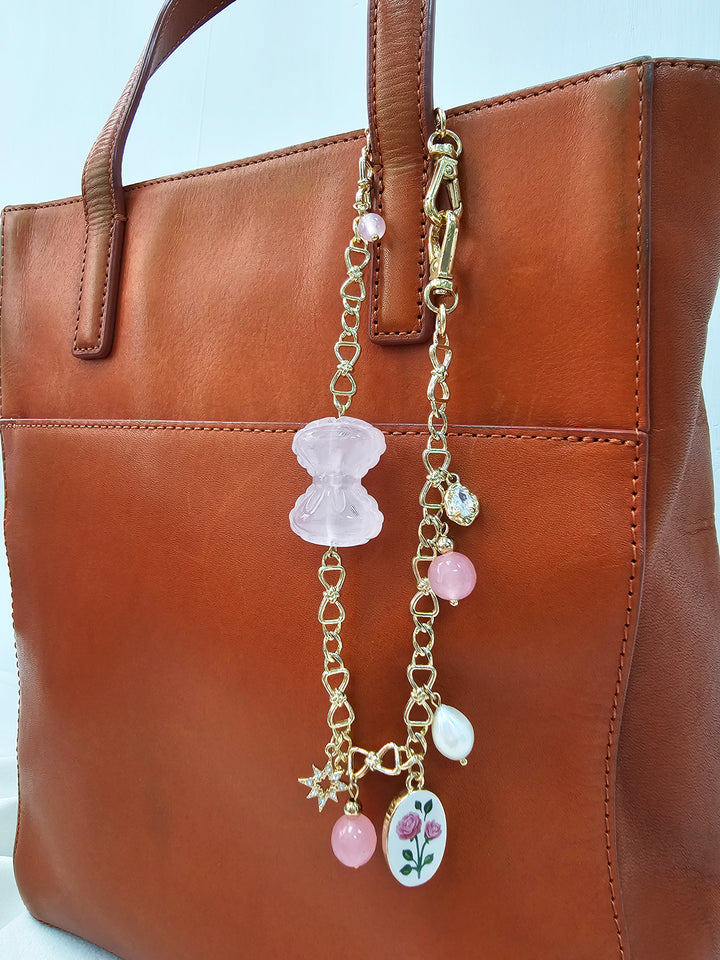 Rose Quartz Bowknot With Rose Chain Bag Charm BC012