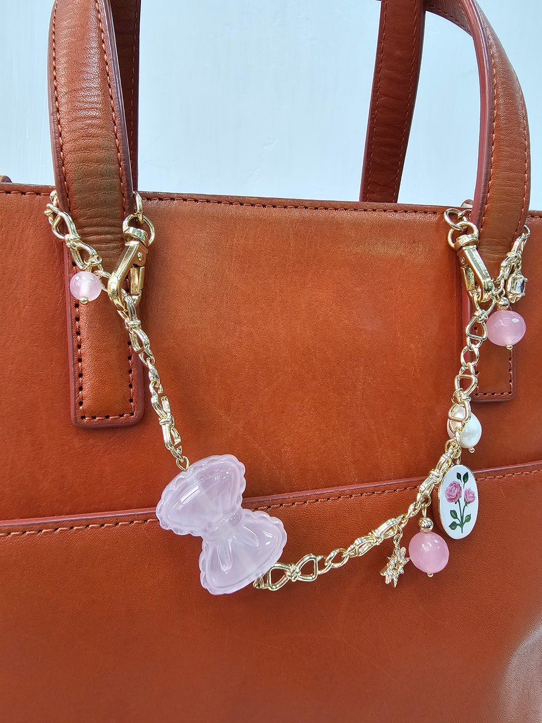 Rose Quartz Bowknot With Rose Chain Bag Charm BC012