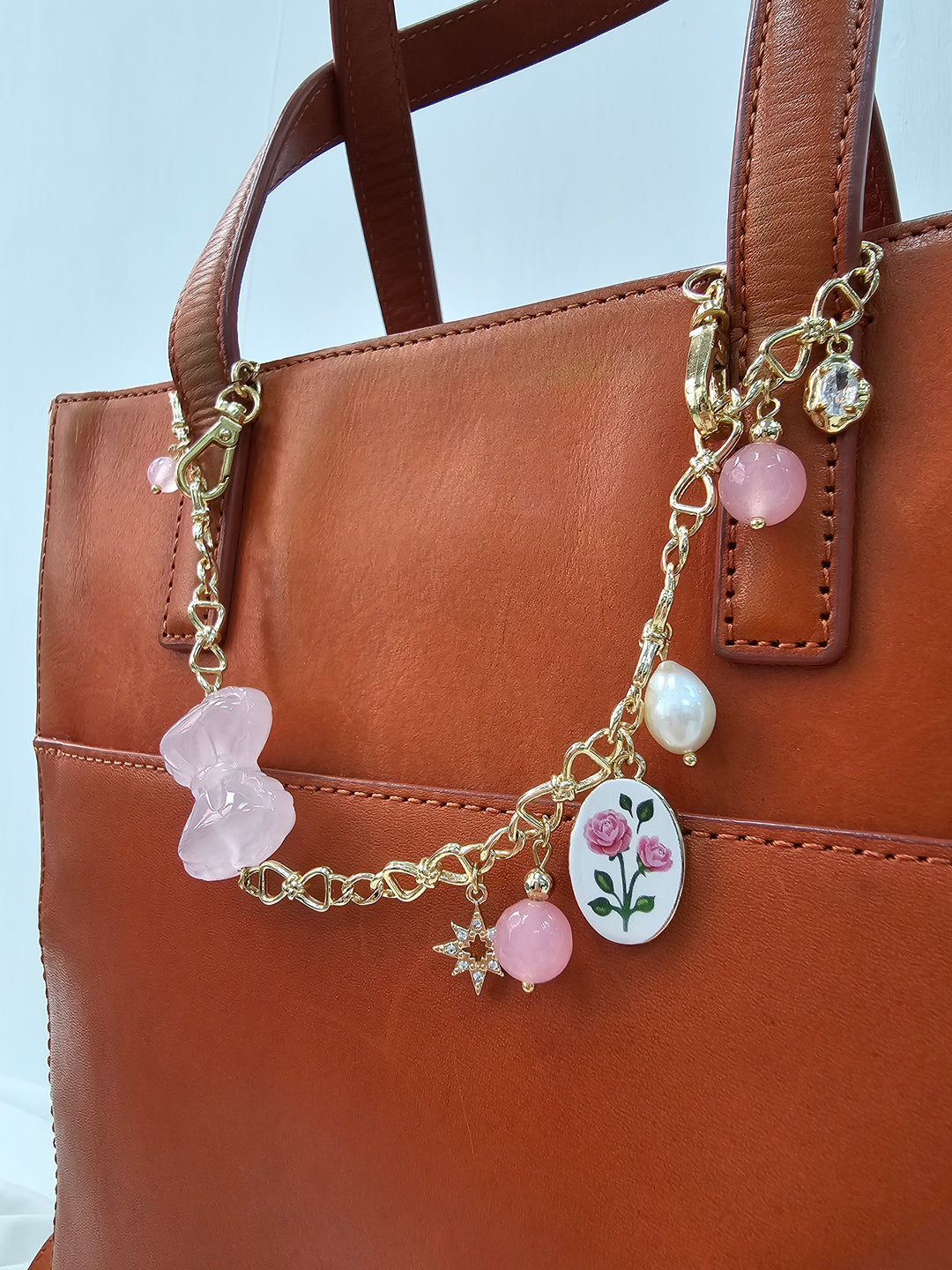 Rose Quartz Bowknot With Rose Chain Bag Charm BC012