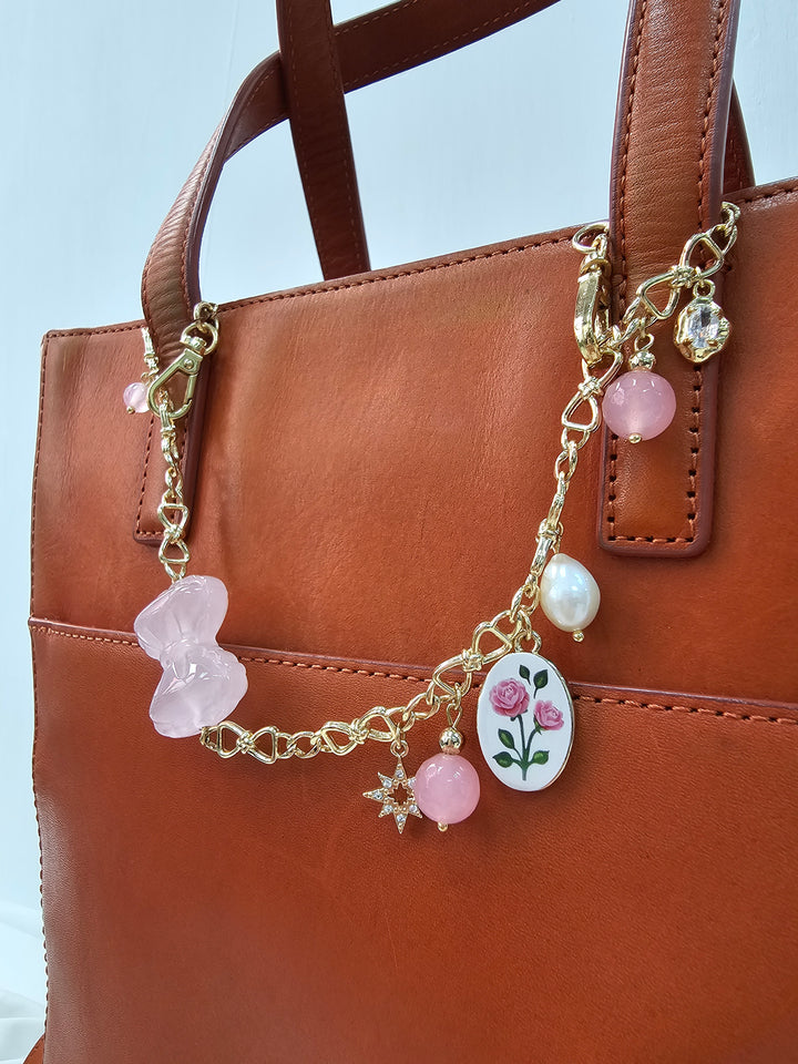Rose Quartz Bowknot With Rose Chain Bag Charm BC012