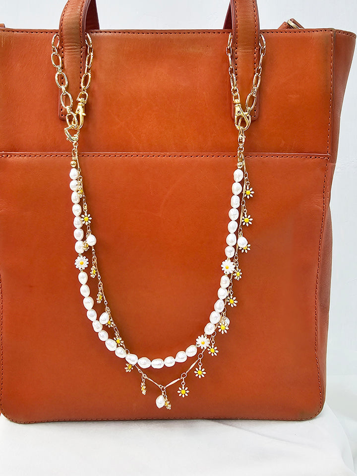 Freshwater Pearls With Daisy Flower Double Layers Bag Charm BC002