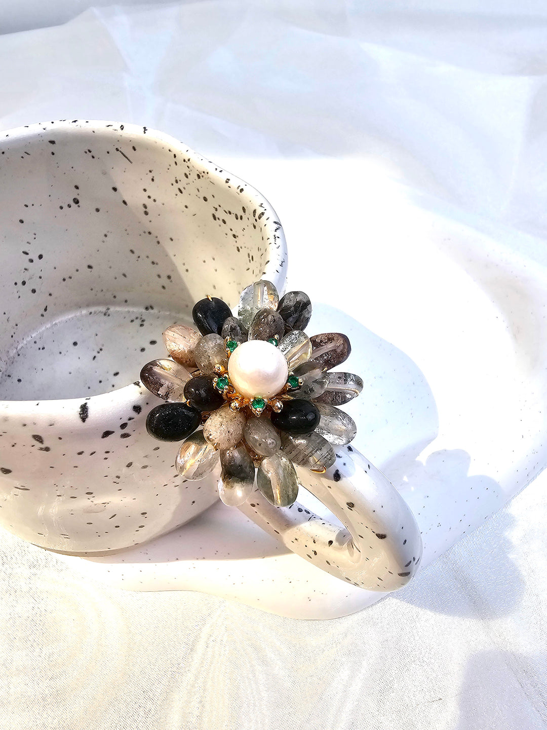 Black Phantom Quartz Floral Brooch QP008