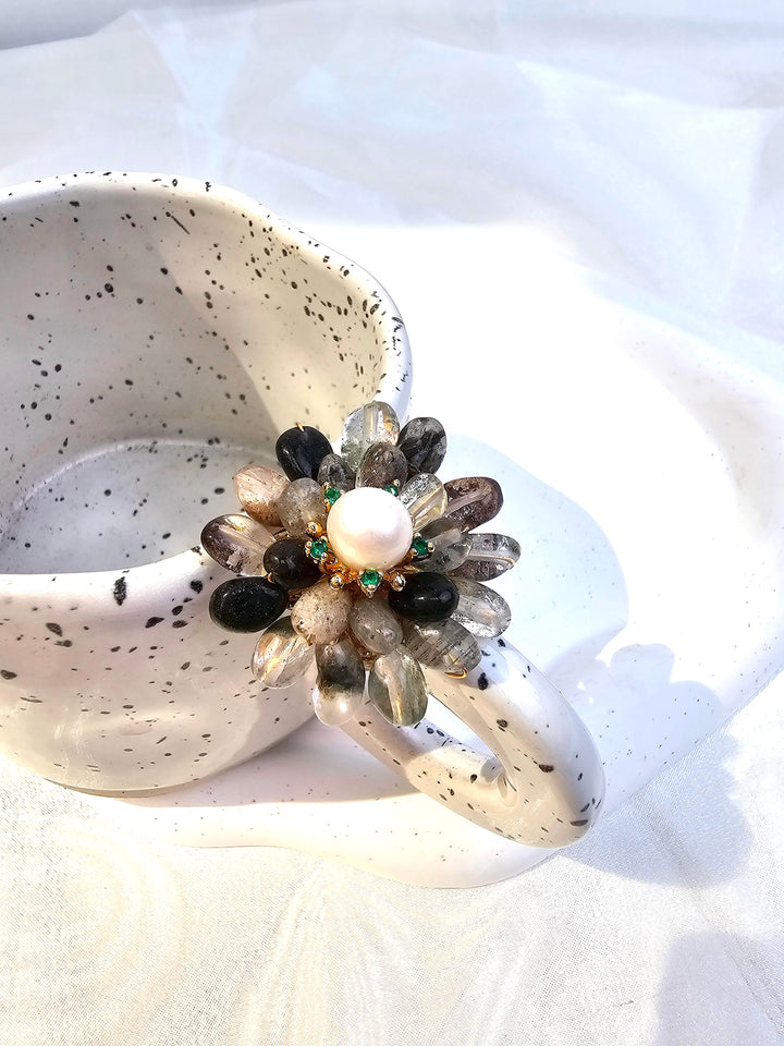 Black Phantom Quartz Floral Brooch QP008