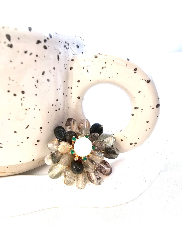 Black Phantom Quartz Floral Brooch QP008