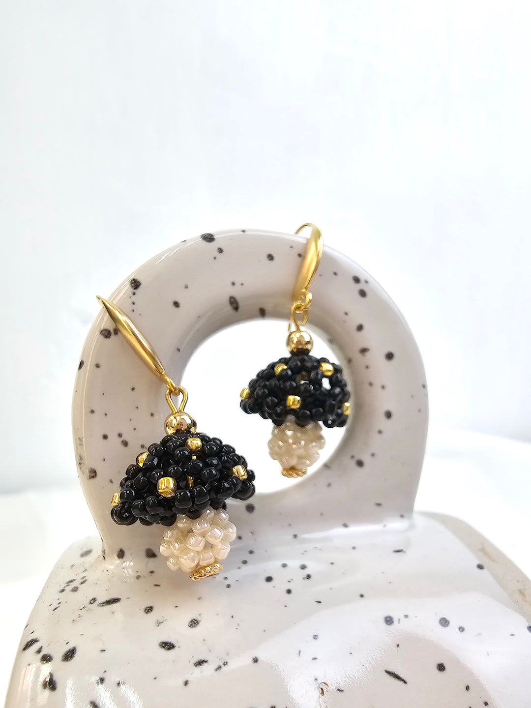 Black Beaded Mushroom Playful Earrings QE022