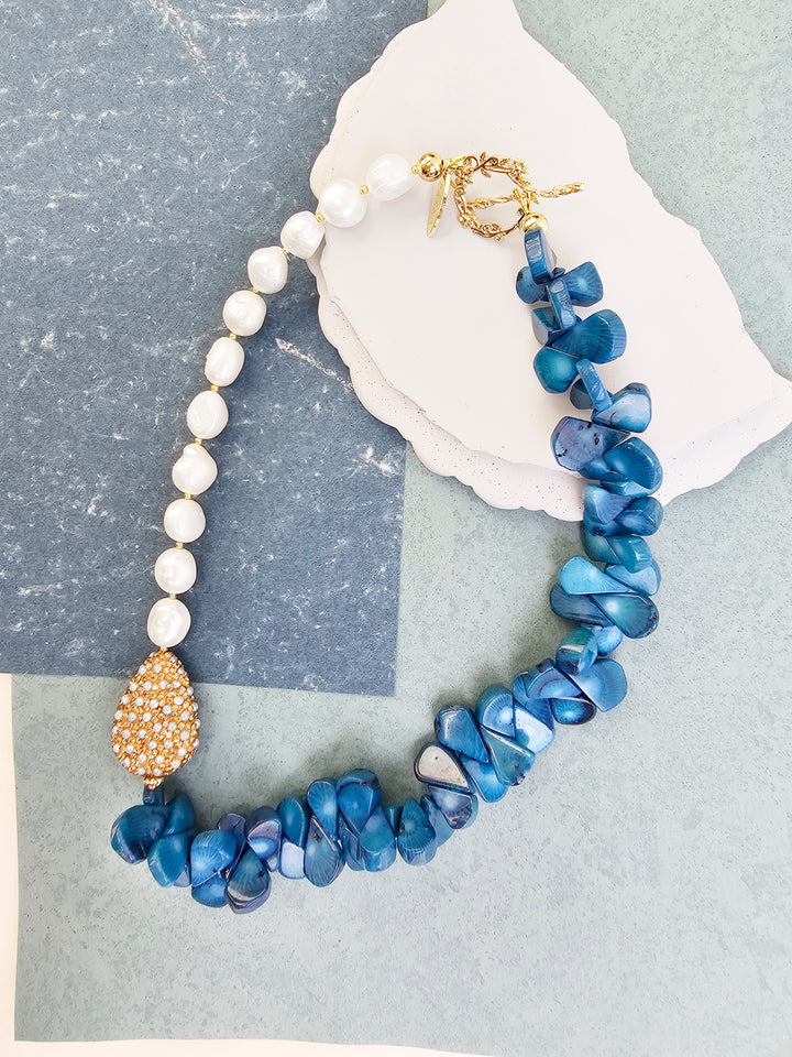 Freshwater Pearls & Floral Blue Bamboo Coral Necklace QN029