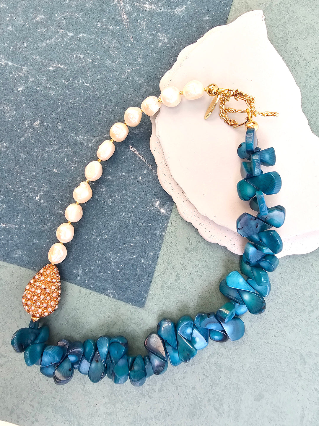 Freshwater Pearls & Floral Blue Bamboo Coral Necklace QN029
