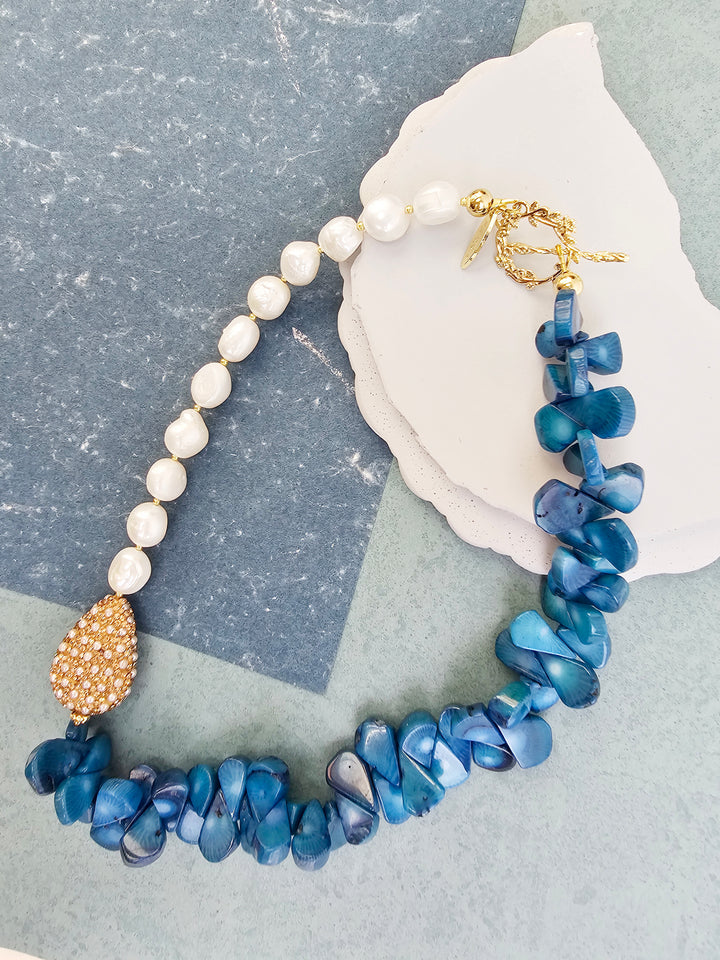 Freshwater Pearls & Floral Blue Bamboo Coral Necklace QN029