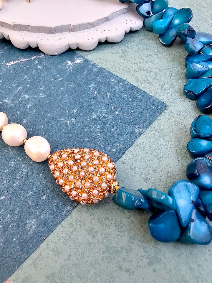 Freshwater Pearls & Floral Blue Bamboo Coral Necklace QN029