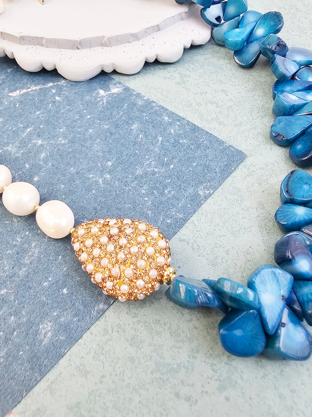 Freshwater Pearls & Floral Blue Bamboo Coral Necklace QN029