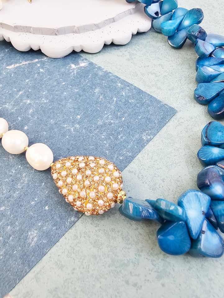 Freshwater Pearls & Floral Blue Bamboo Coral Necklace QN029