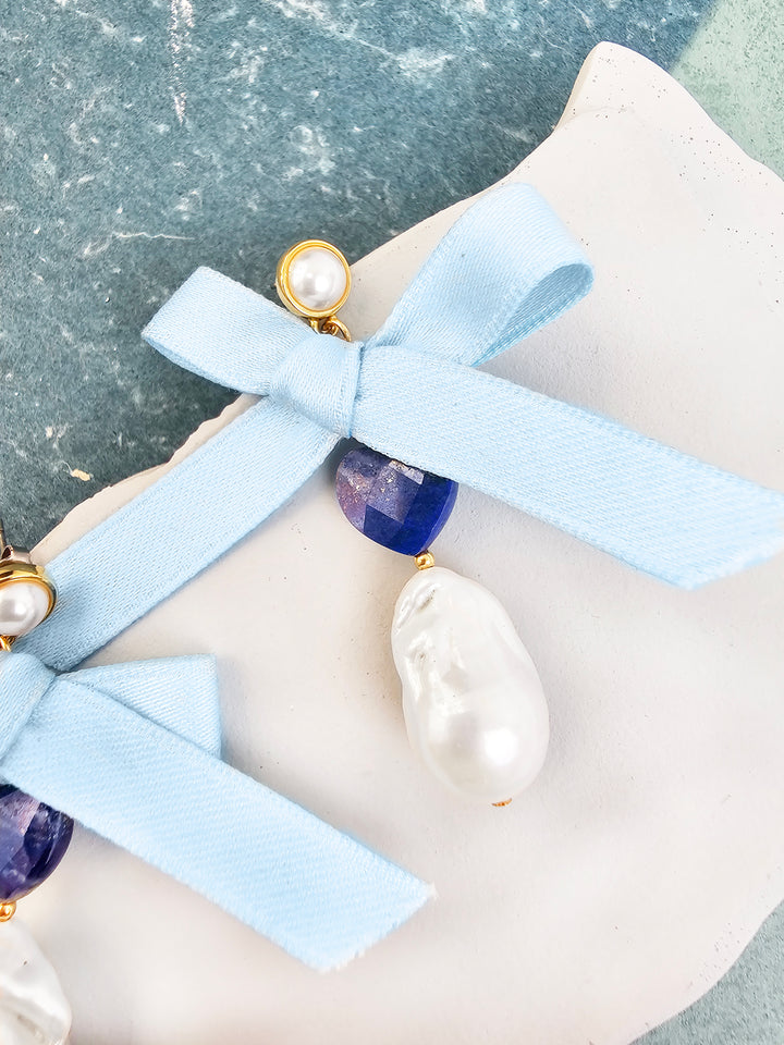 Baroque Pearl With Lapis And Silk Bowknot Earrings QE018