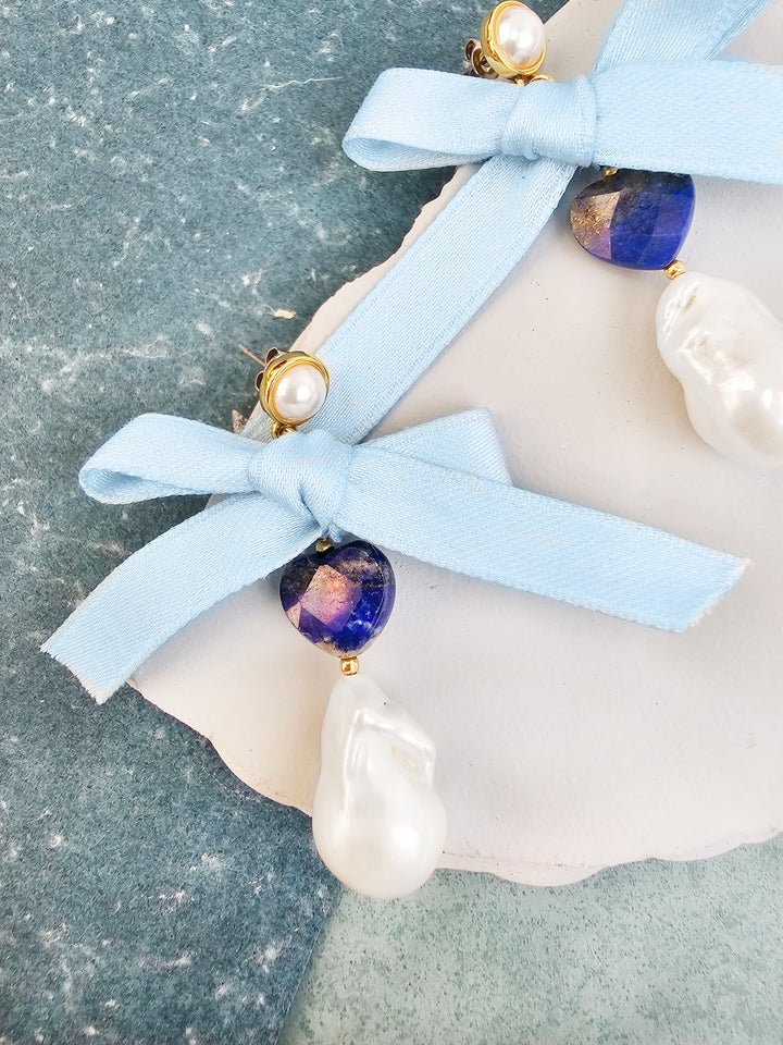Baroque Pearl With Lapis And Silk Bowknot Earrings QE018