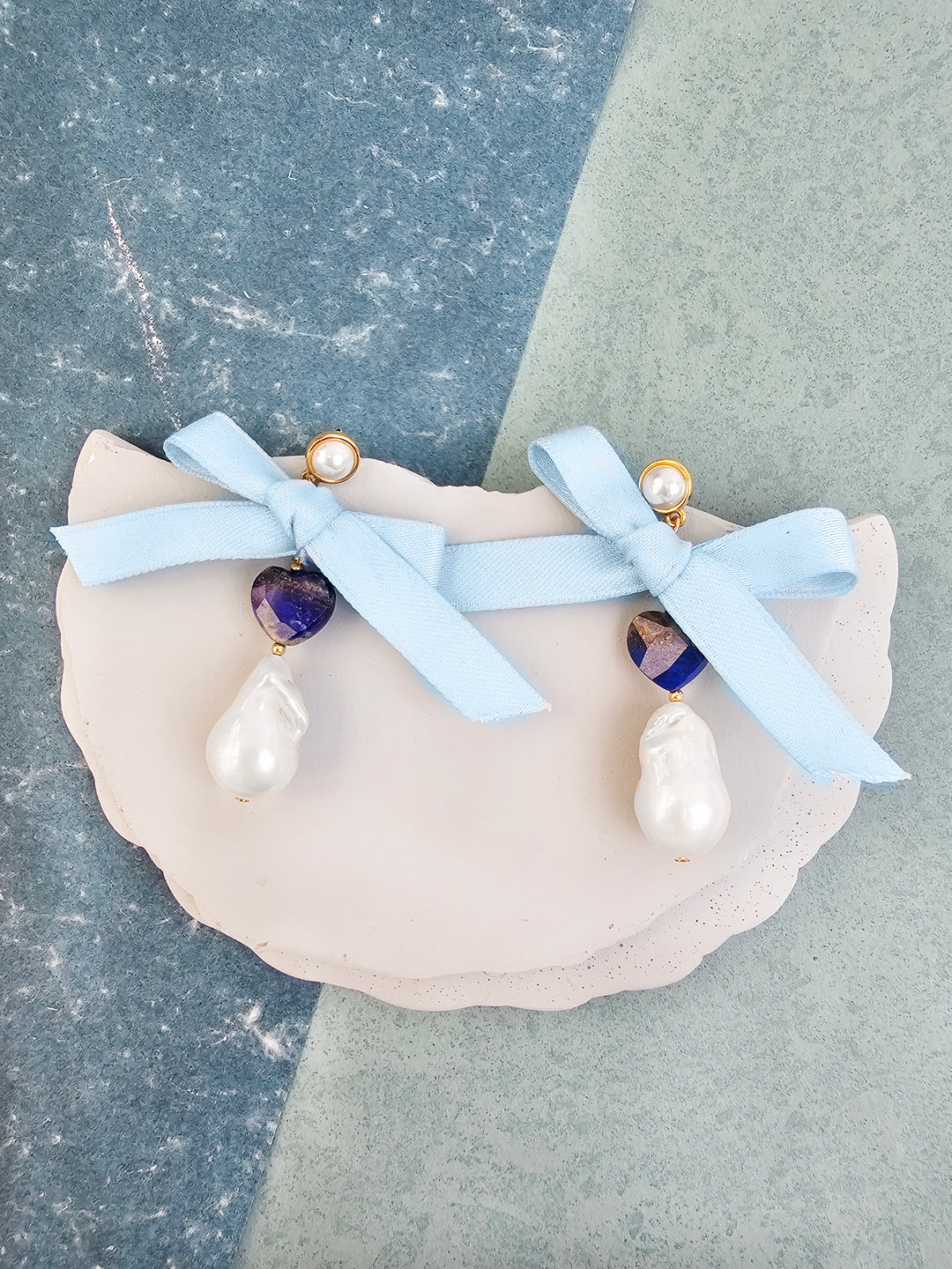 Baroque Pearl With Lapis And Silk Bowknot Earrings QE018