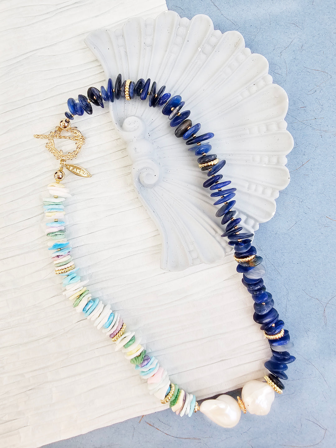 Blue Kyanite And Colorful Shell With Baroque Pearl Necklace QN033