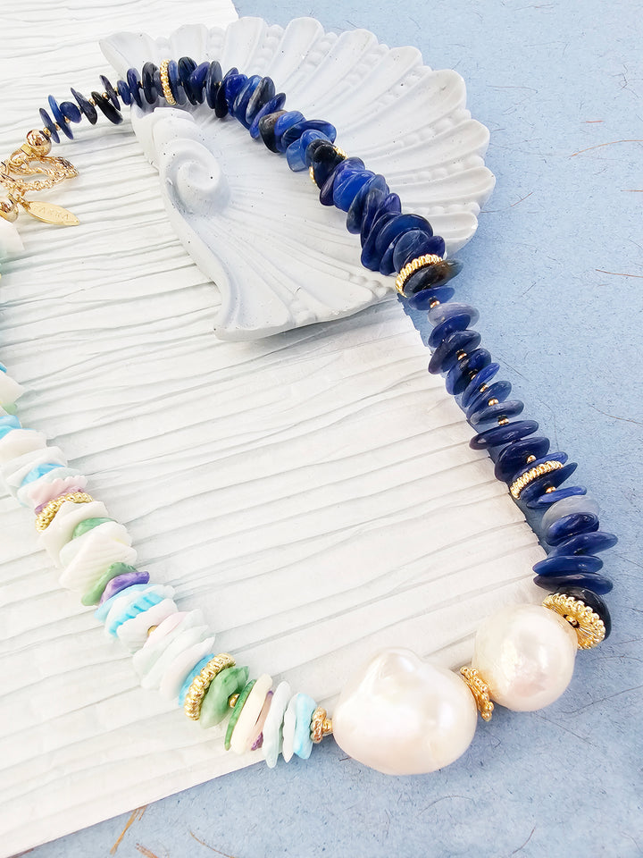 Blue Kyanite And Colorful Shell With Baroque Pearl Necklace QN033