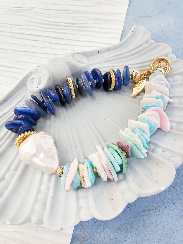 Blue Kyanite and Colorful Shell with Baroque Pearl Bracelet QB014
