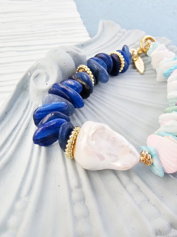 Blue Kyanite and Colorful Shell with Baroque Pearl Bracelet QB014
