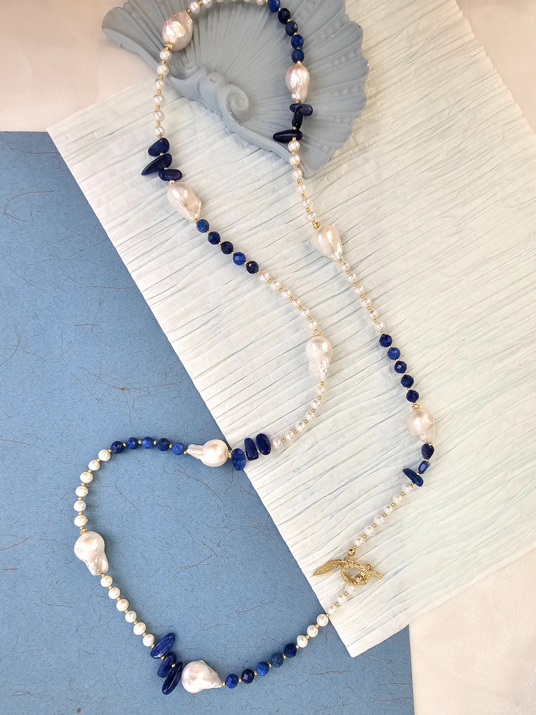 Baroque Pearls with Blue Lapis Long Necklace QN030