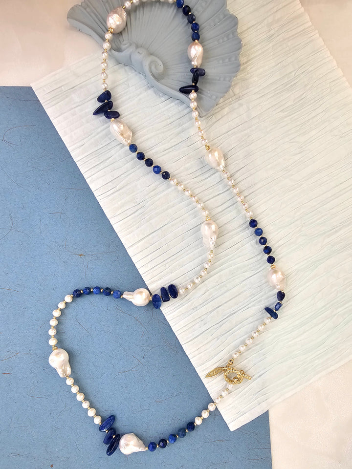Baroque Pearls with Blue Lapis Long Necklace QN030