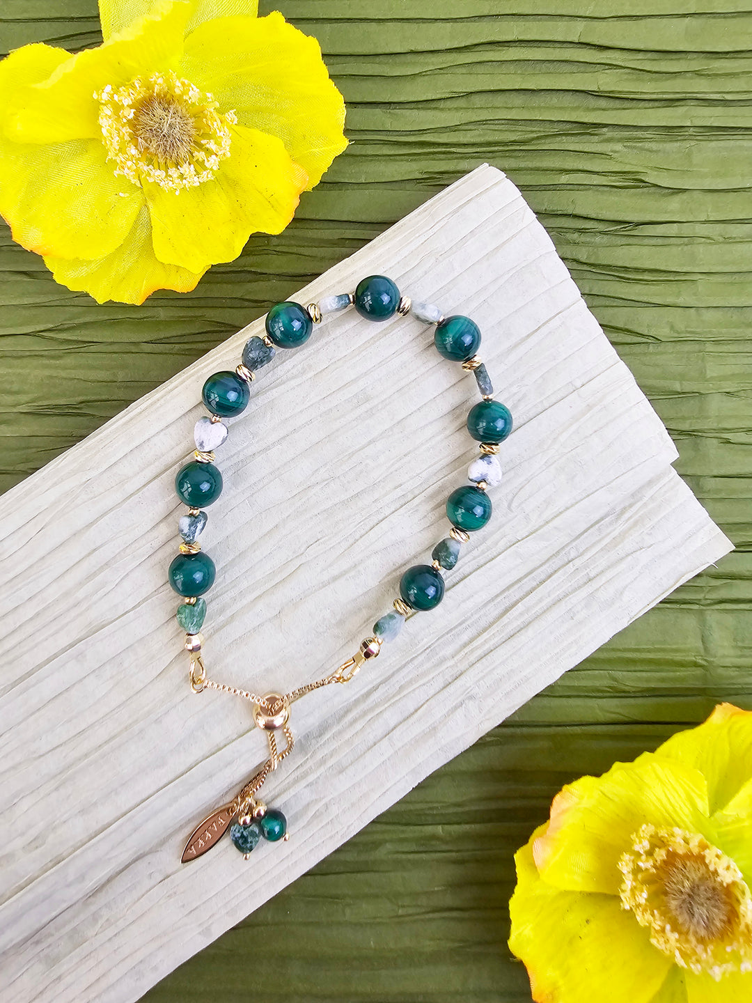 Green Malachite And Heart Agate Adjustable Bracelet QB009