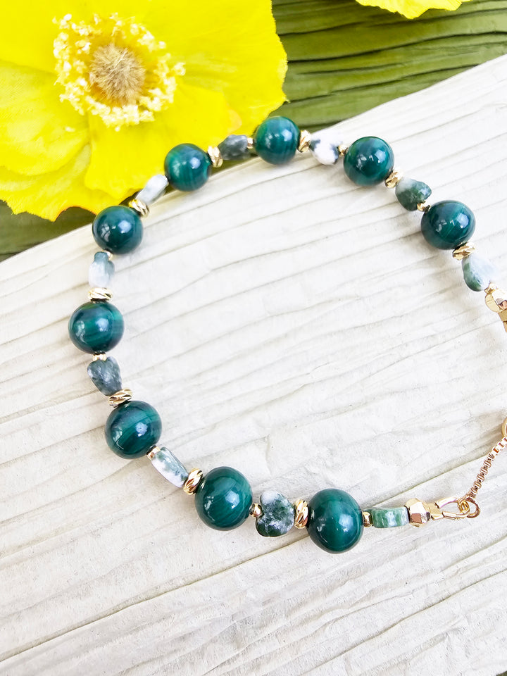 Green Malachite And Heart Agate Adjustable Bracelet QB009