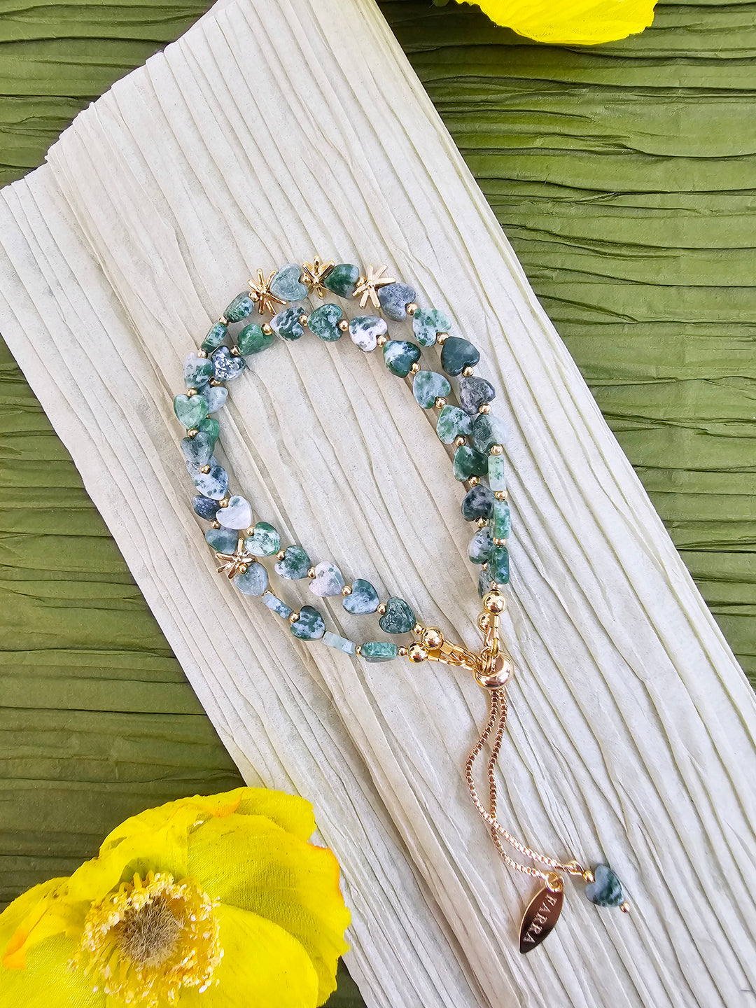 Green Dot Agate Double Layers Adjustable Bracelet QB010