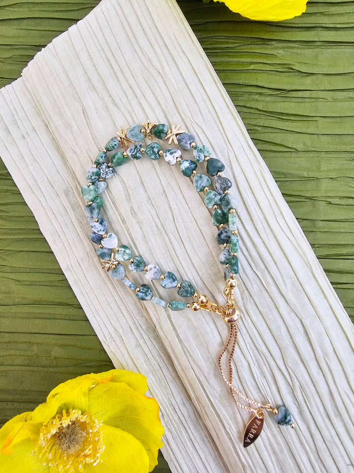 Green Dot Agate Double Layers Adjustable Bracelet QB010
