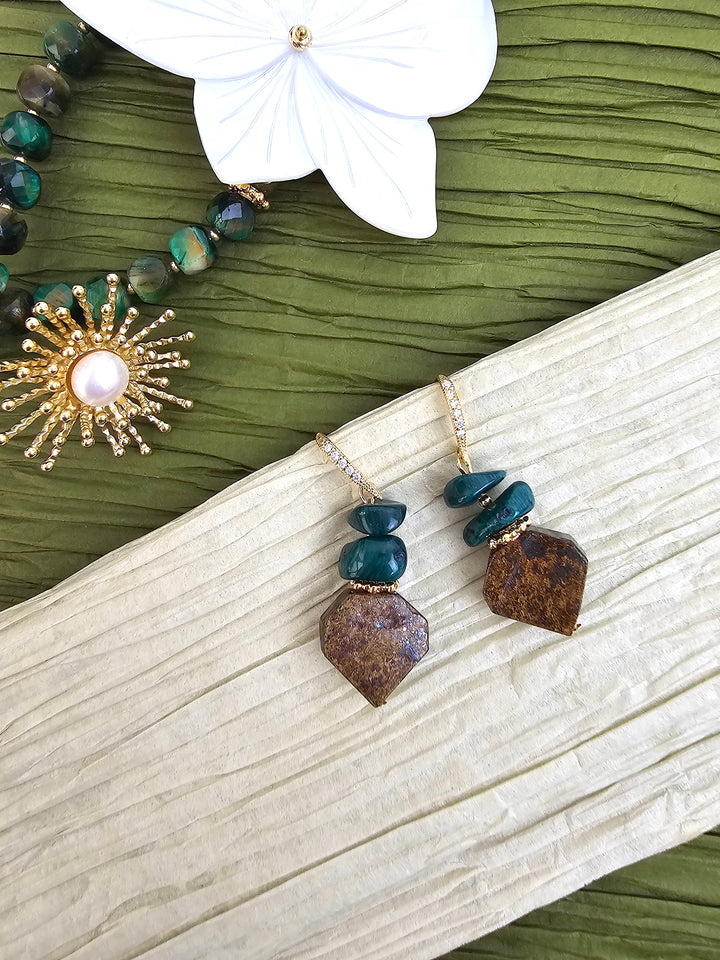 Brown Tiger-eye With Green Bamboo Coral Earrings QE010