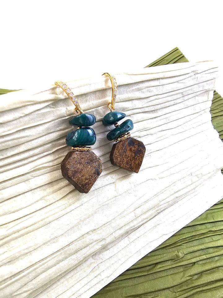 Brown Tiger-eye With Green Bamboo Coral Earrings QE010