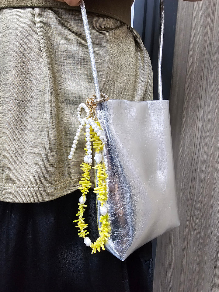 Yellow Bamboo Coral With Bowknot Freshwater Pearl Bag Charm BC019