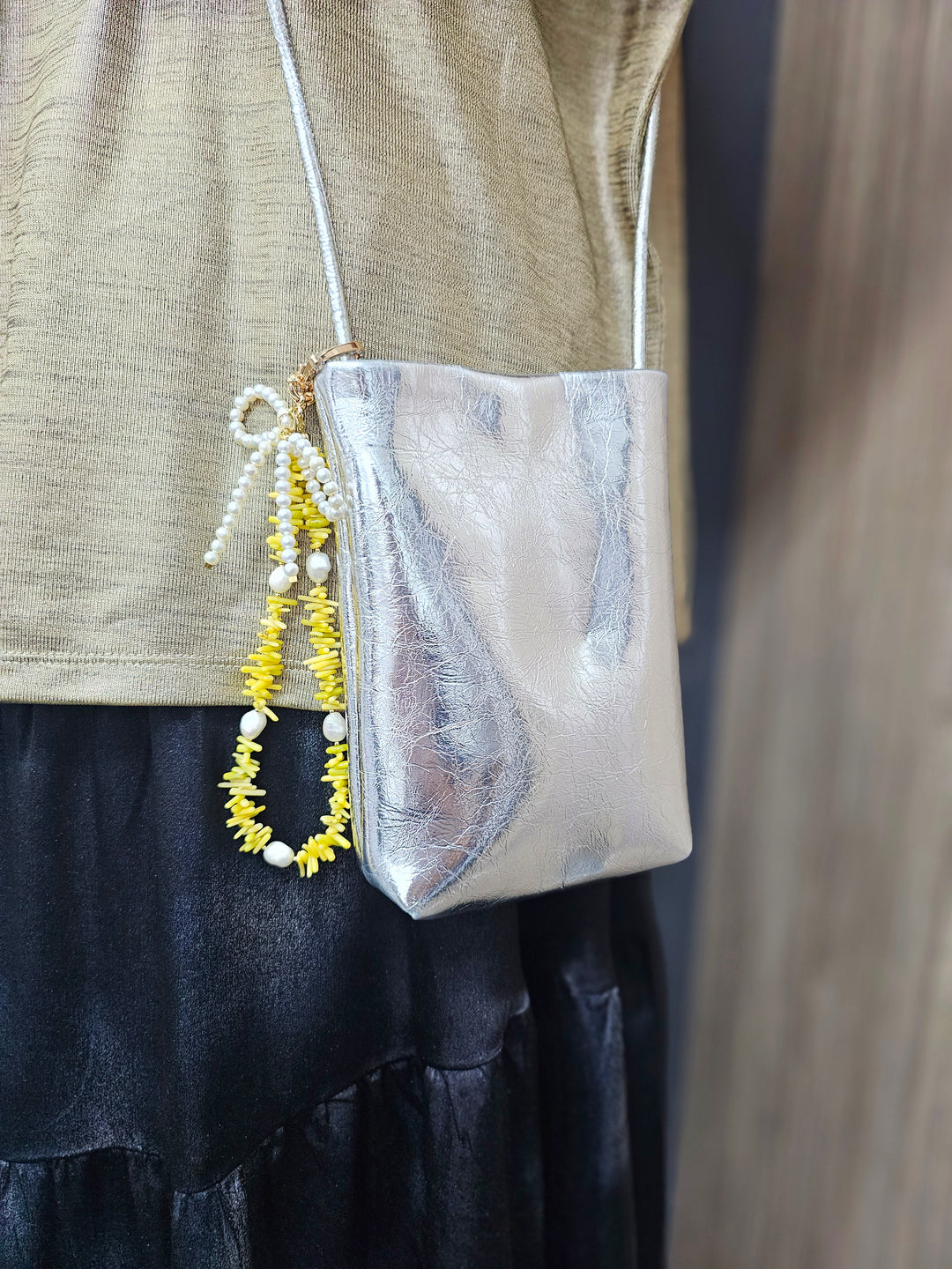 Yellow Bamboo Coral With Bowknot Freshwater Pearl Bag Charm BC019
