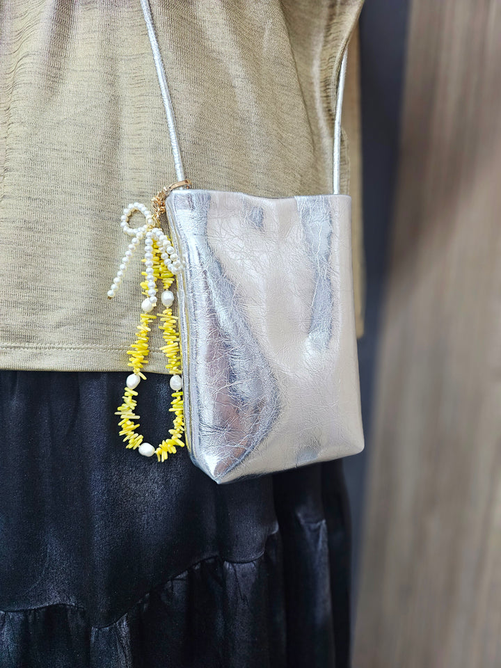 Yellow Bamboo Coral With Bowknot Freshwater Pearl Bag Charm BC019