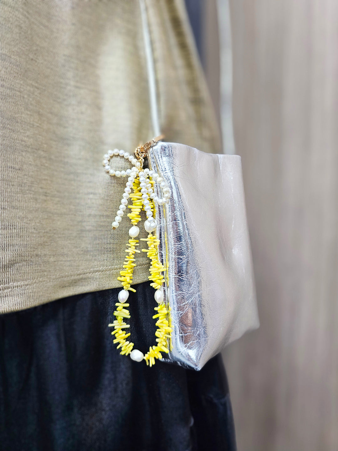 Yellow Bamboo Coral With Bowknot Freshwater Pearl Bag Charm BC019