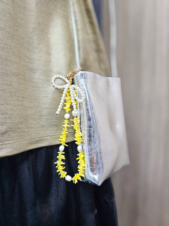 Yellow Bamboo Coral With Bowknot Freshwater Pearl Bag Charm BC019