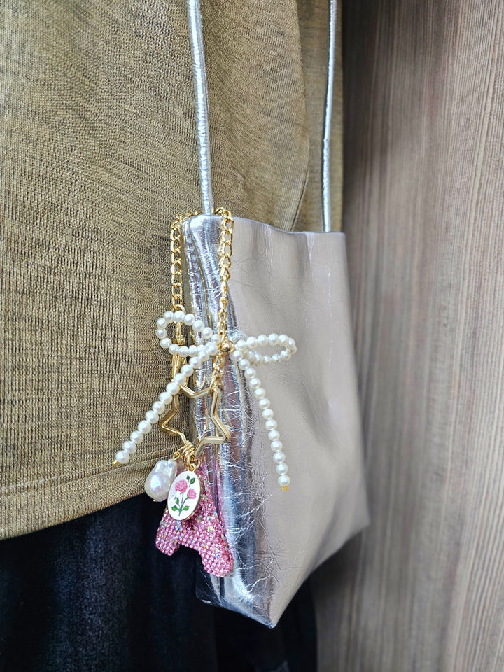 Personalized Sparkling Rhinestone Initial Letter With Pearls Bag Charm BC017