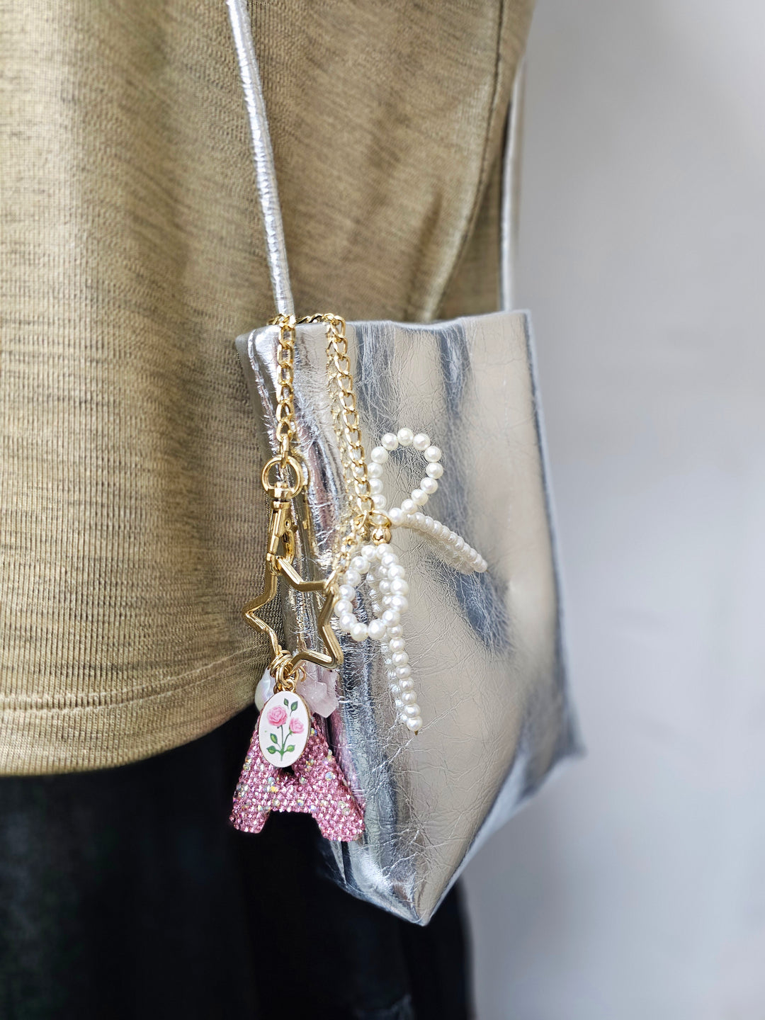 Personalized Sparkling Rhinestone Initial Letter With Pearls Bag Charm BC017
