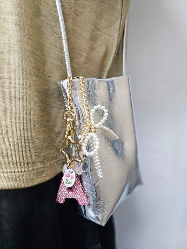 Personalized Sparkling Rhinestone Initial Letter With Pearls Bag Charm BC017