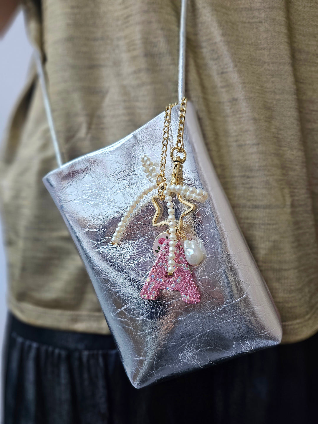 Personalized Sparkling Rhinestone Initial Letter With Pearls Bag Charm BC017