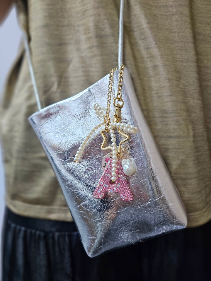 Personalized Sparkling Rhinestone Initial Letter With Pearls Bag Charm BC017