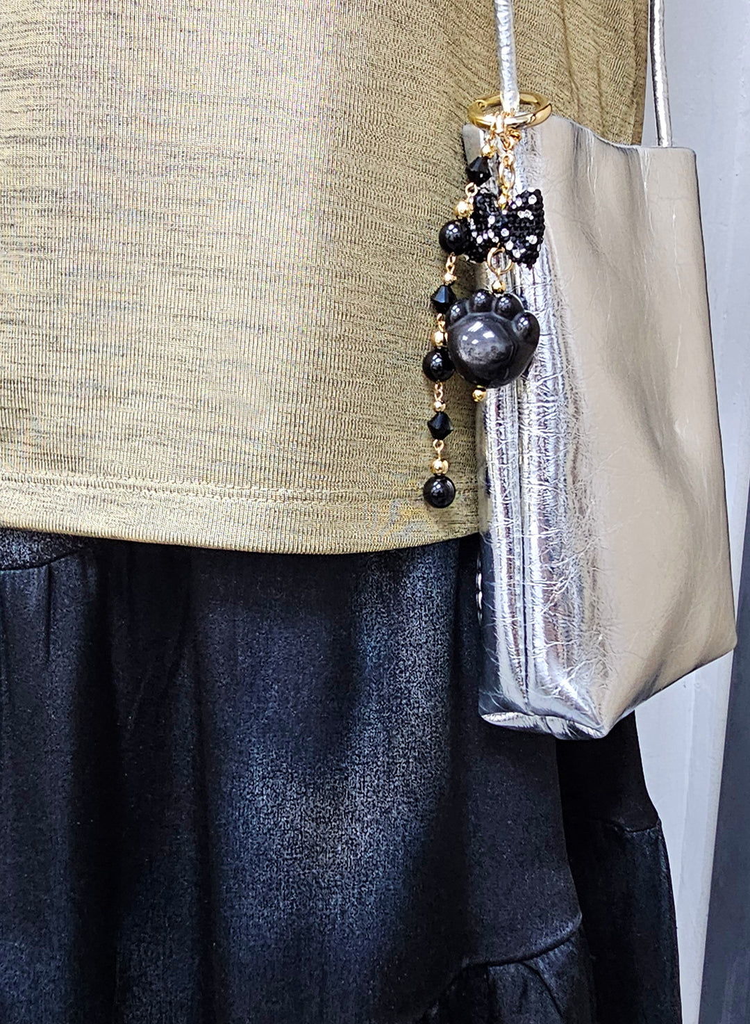 Black Obsidian Cat Paw With Bowknot And Tassel Bag Charm BC015