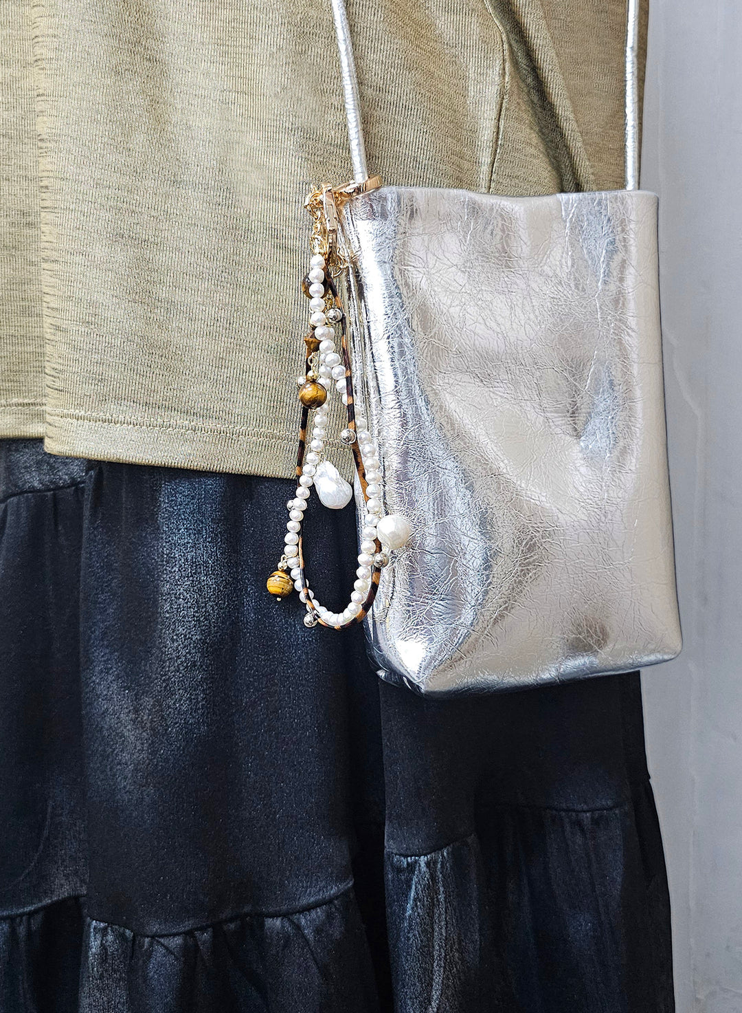 Freshwater Pearl and Tiger-Eye Dangle Bag Charm BC001