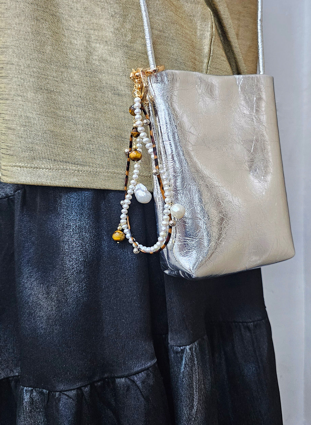 Freshwater Pearl and Tiger-Eye Dangle Bag Charm BC001