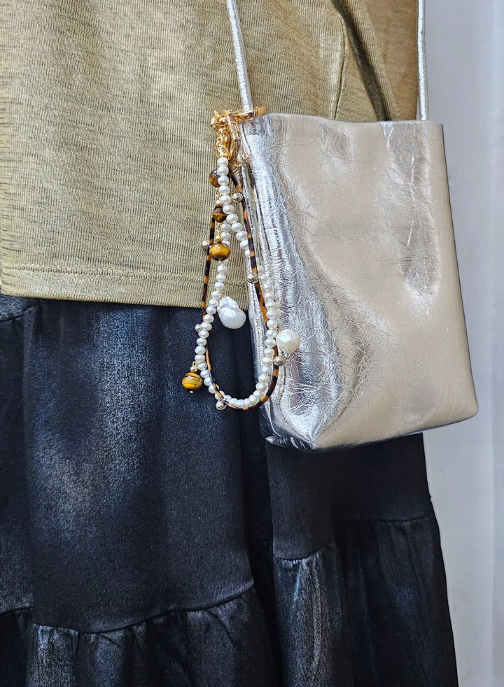 Freshwater Pearl and Tiger-Eye Dangle Bag Charm BC001