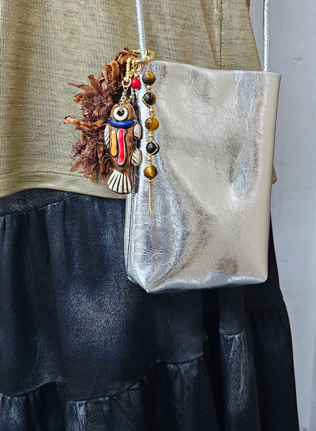 Handcrafted Ceramic Fish With Brown Tiger-eye Stone and Tassel Bag Charm BC020