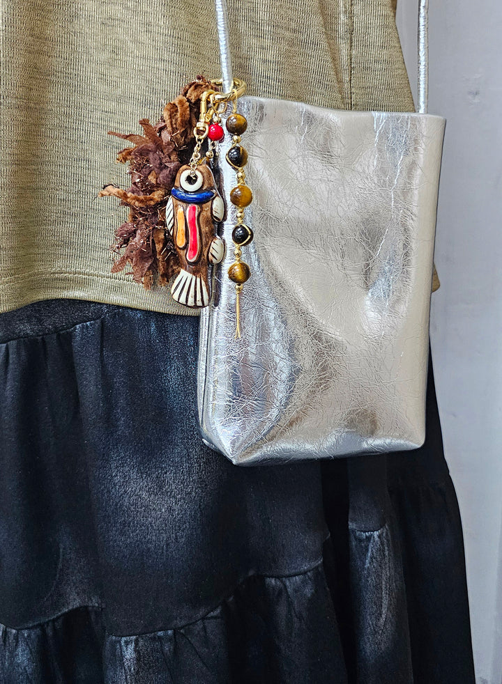 Handcrafted Ceramic Fish With Brown Tiger-eye Stone and Tassel Bag Charm BC020