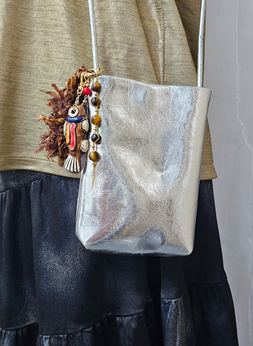 Handcrafted Ceramic Fish With Brown Tiger-eye Stone and Tassel Bag Charm BC020