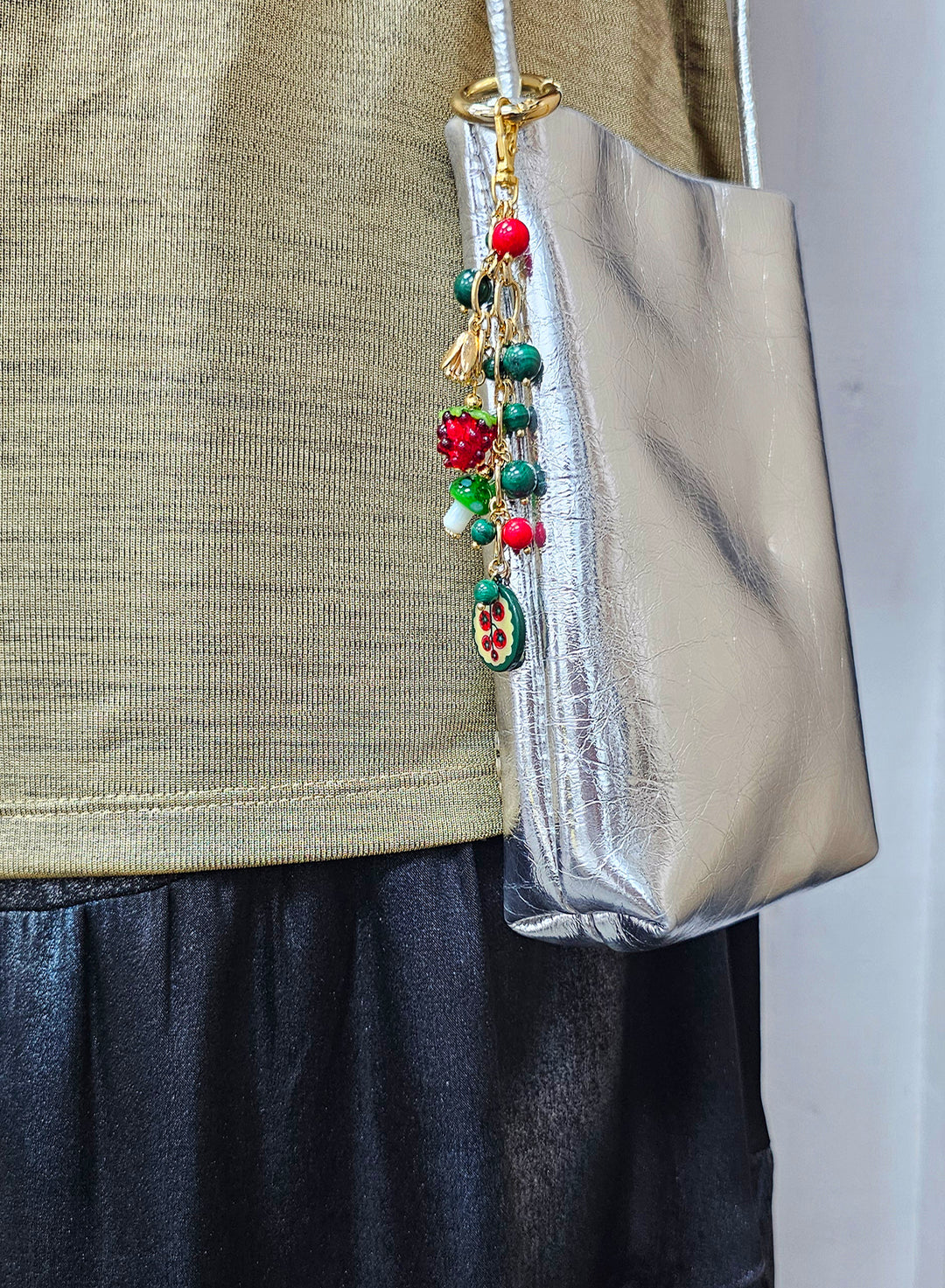 Playful Malachite With Mushroom Raspberry Bag Charm BC021
