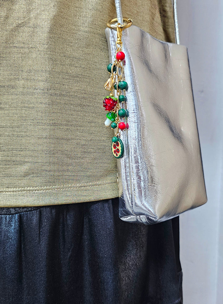 Playful Malachite With Mushroom Raspberry Bag Charm BC021